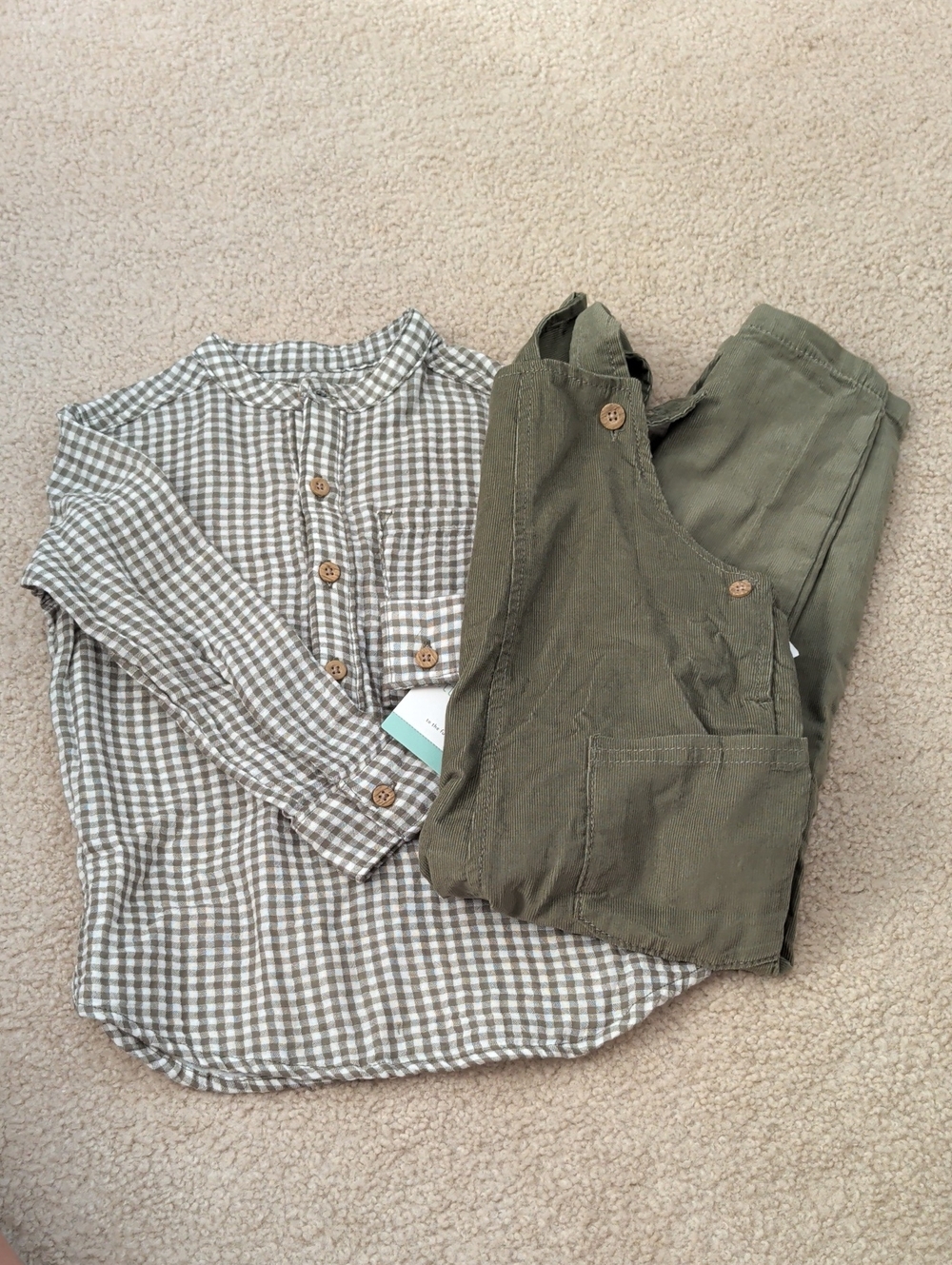 Carters Little Planet Kids Olive Green Overalls with Gray Gingham Shirt 3T